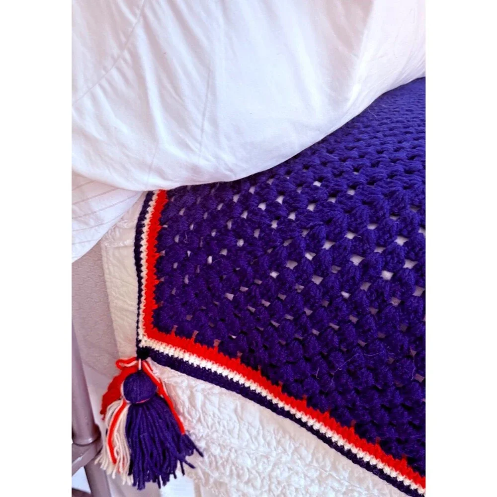 Vintage Large Crochet Afghan Blanket Throw Handmade 100” x 104” Red White & Blue